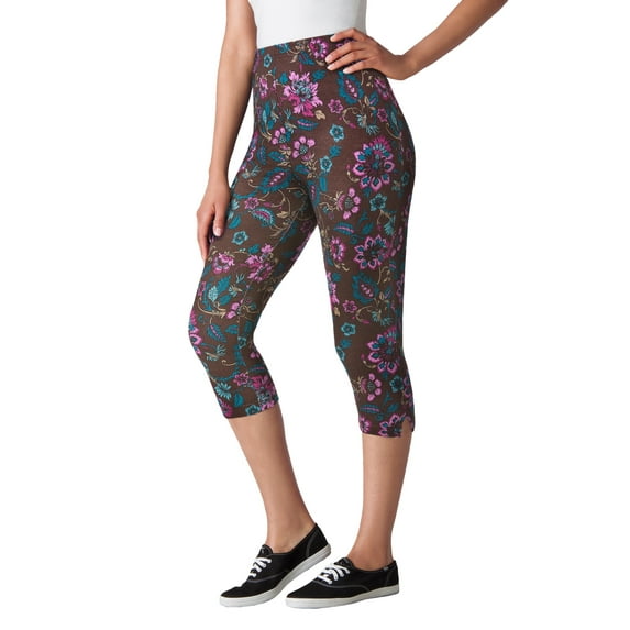Woman Within Plus Size Petite Stretch-Cotton Knit Pull-On Printed Capri Leggings