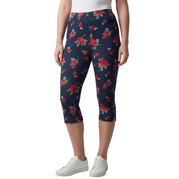 Woman Within Plus Size Petite Stretch-Cotton Knit Pull-On Printed Capri Leggings
