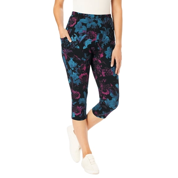 Woman Within Plus Size Petite Stretch-Cotton Knit Pull-On Printed Pocket Capri Leggings