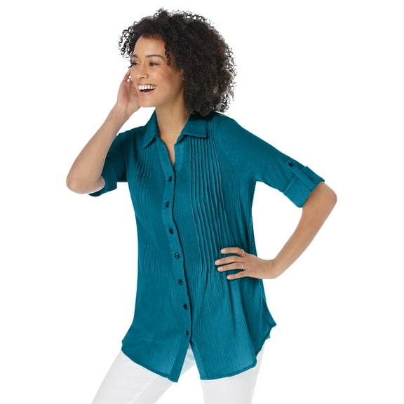Woman Within Plus Size Pintucked Button Down Gauze Shirt