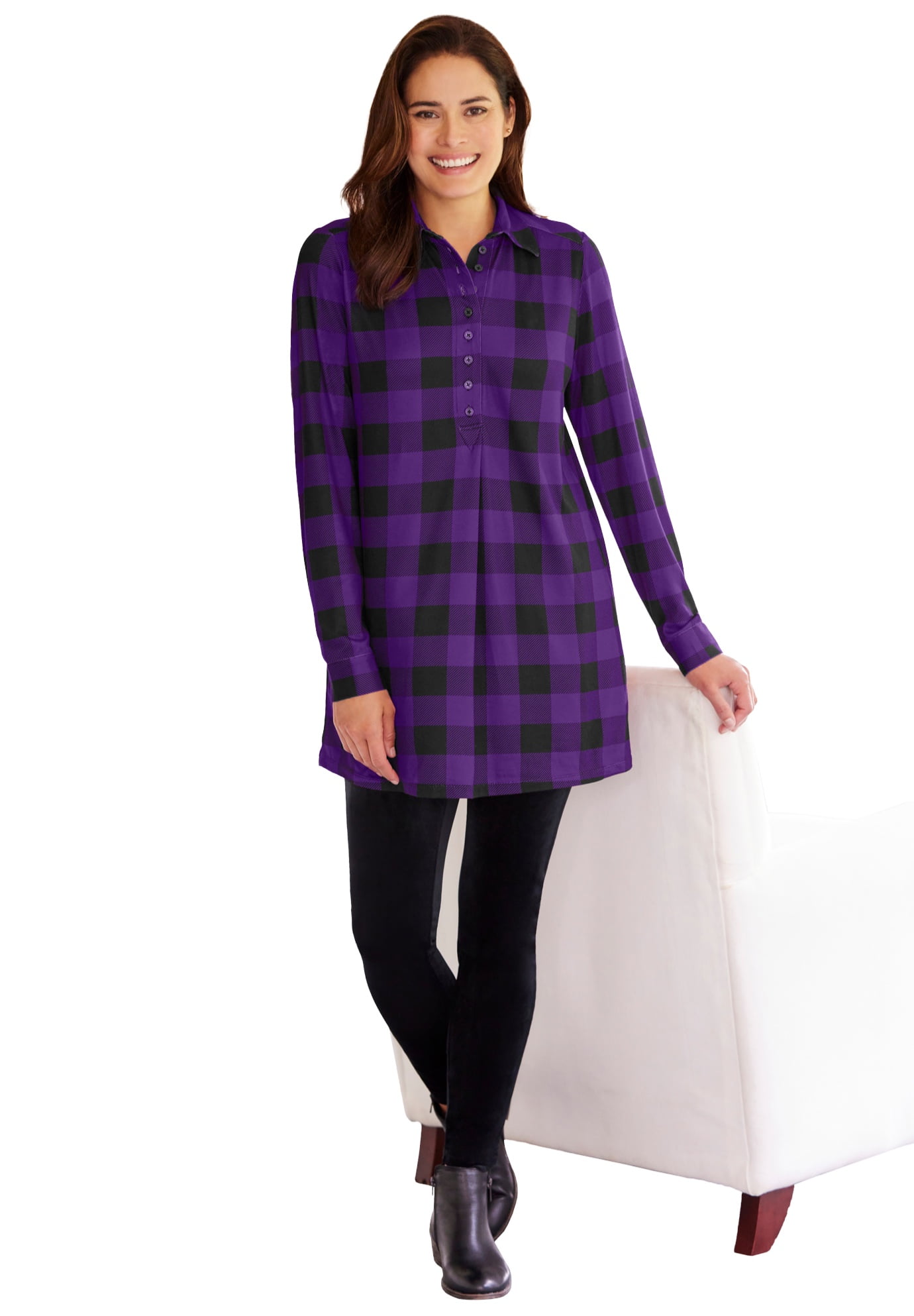 Plus Size Plaid Knit Tunic With Collar