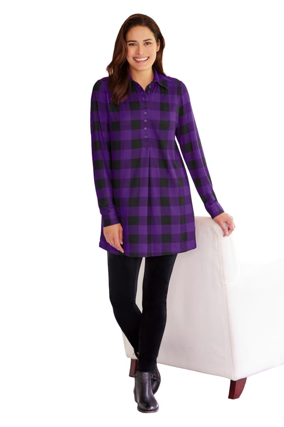 Plus Size Plaid Knit Tunic With Collar