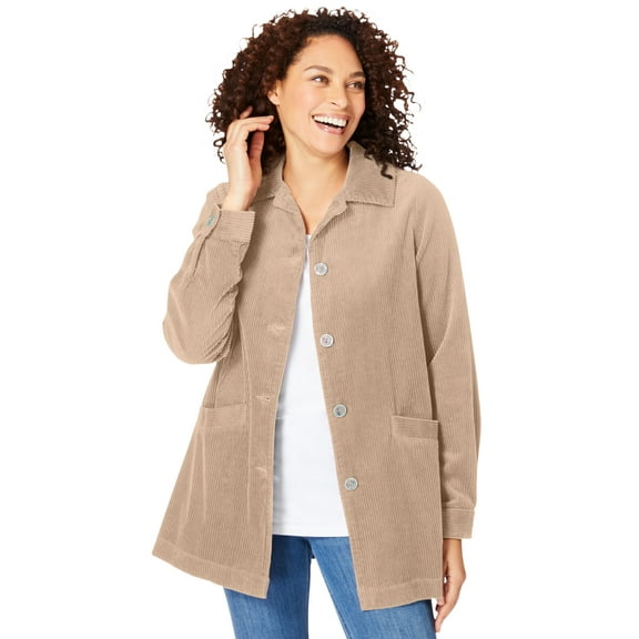 Woman Within Plus Size Pleat-Back Corduroy Jacket Long Oversized Barn Coat