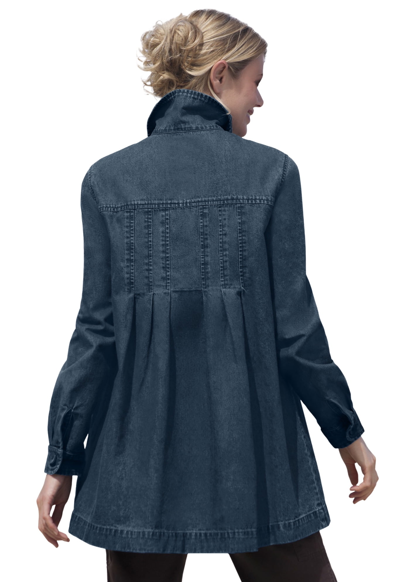 Woman Within Plus Size Pleat-Back Denim Jacket | Long Oversized Jean Coat -  5X, Light Stonewash Blue