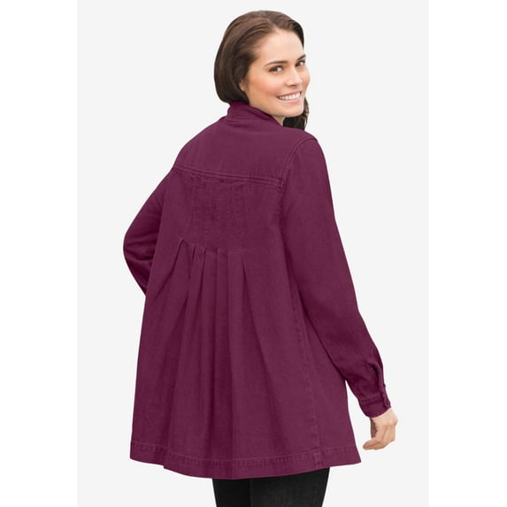 Woman Within Plus Size Pleat-Back Denim Jacket Long Oversized Jean Coat