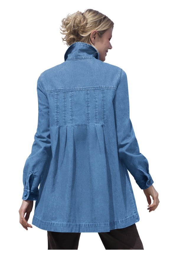 Plus Size Pleat-Back Denim Jacket Long Oversized Jean Coat