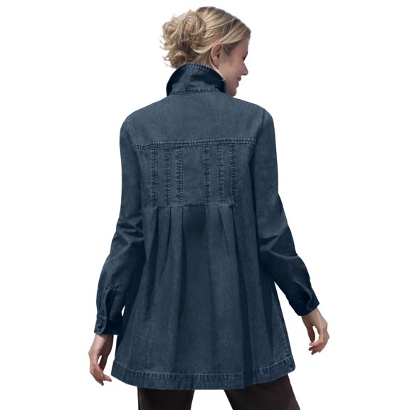 Woman Within Plus Size Pleat-Back Denim Jacket Long Oversized Jean Coat