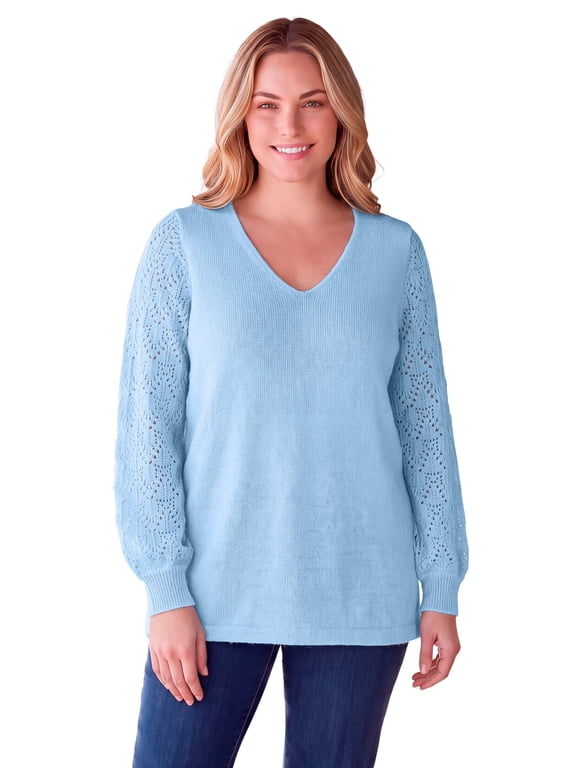 Plus Size Pointelle Blouson-Sleeve A-Line Sweater