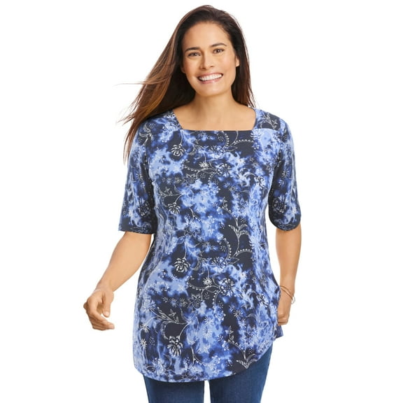 Woman Within Plus Size Printed Perfect Square-Neck Tee