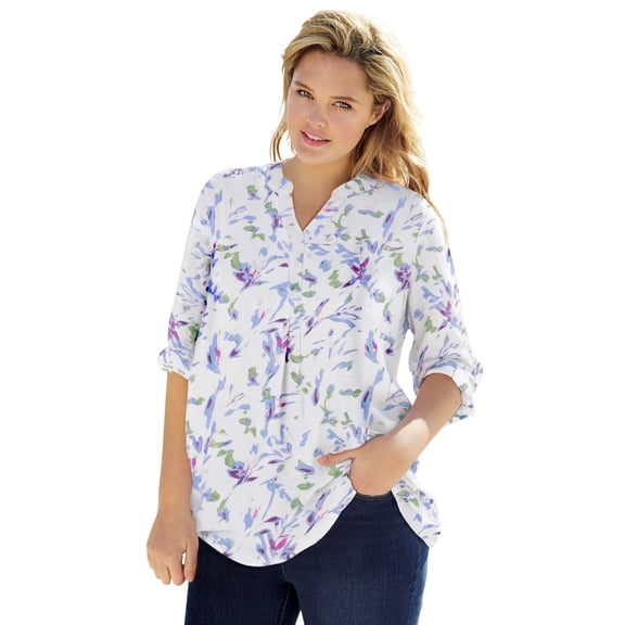 Woman Within Plus Size Rayon Three-Quarter Sleeve Effortless Tab-Front Blouse