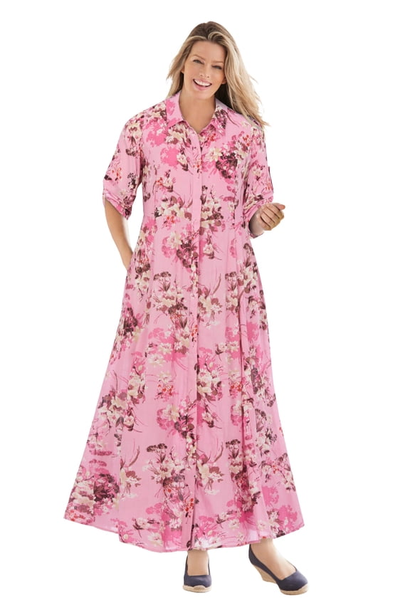 Plus Size Roll-Tab Sleeve Crinkle Shirtdress