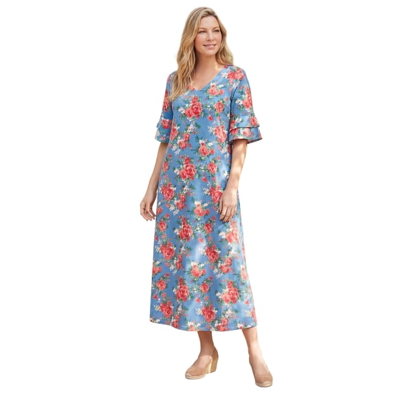 Woman Within Plus Size Ruffle-Sleeve Maxi-Length Dress