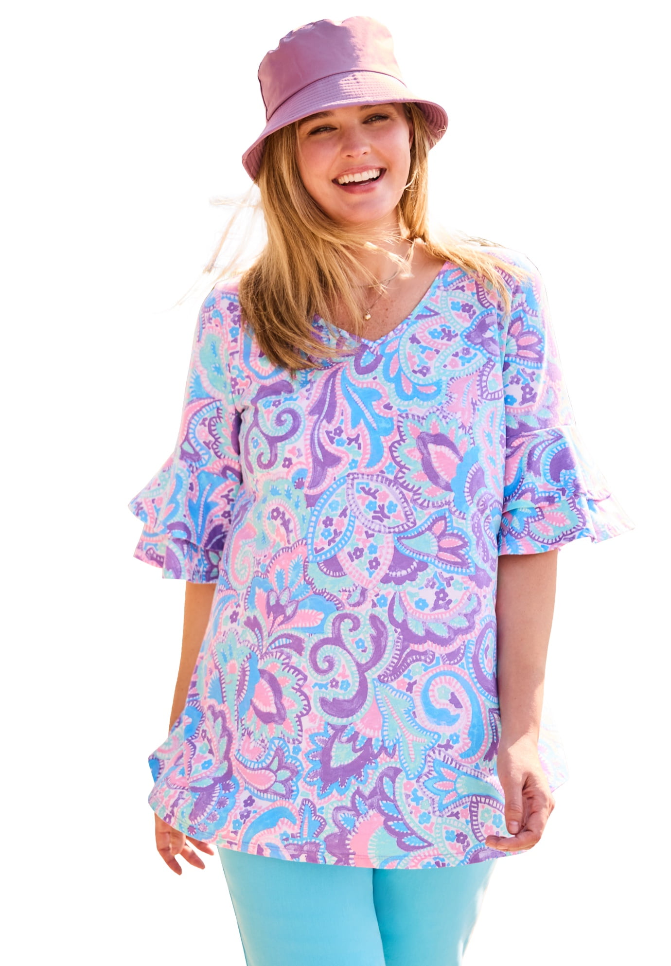 Plus Size Ruffled Elbow-Sleeve Tunic
