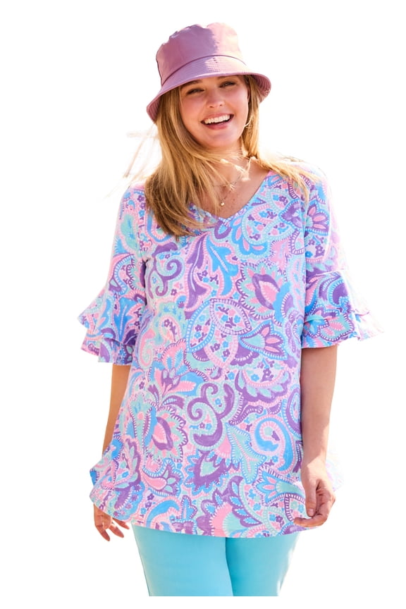Plus Size Ruffled Elbow-Sleeve Tunic
