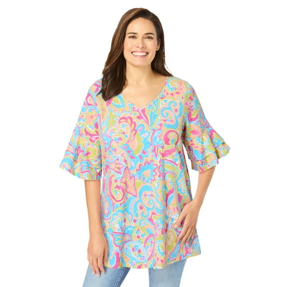 Woman Within Plus Size Ruffled Elbow-Sleeve Tunic