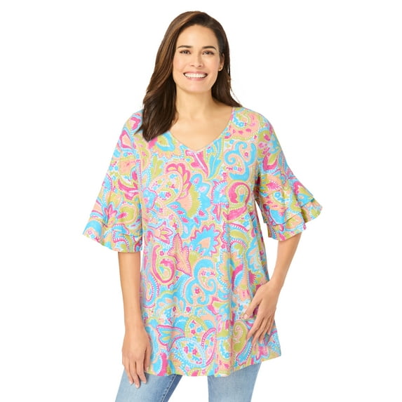 Woman Within Plus Size Ruffled Elbow-Sleeve Tunic