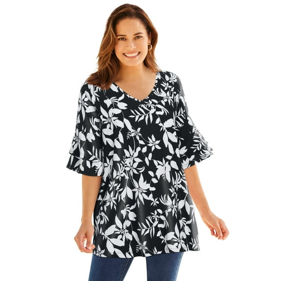 Woman Within Plus Size Ruffled Elbow-Sleeve Tunic