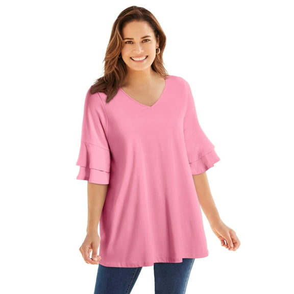 Woman Within Plus Size Ruffled Elbow-Sleeve Tunic