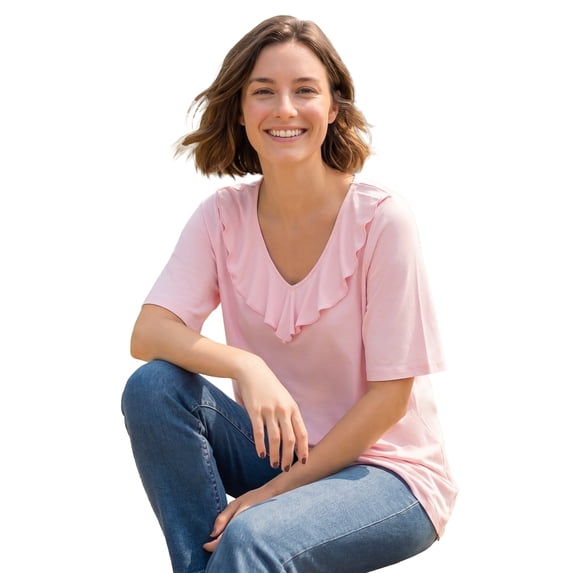 Woman Within Plus Size Ruffled V-Neck Short Sleeve Tee