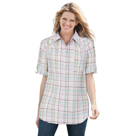 Woman Within Plus Size Short-Sleeve Button-Down Cotton Seersucker Shirt