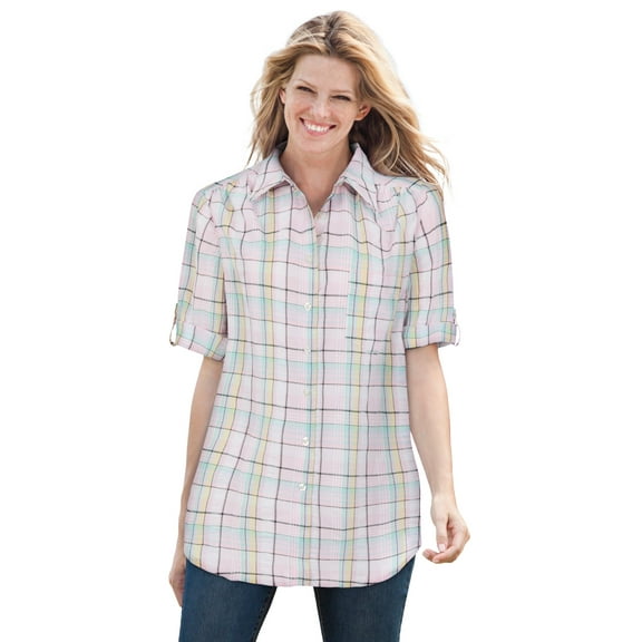 Woman Within Plus Size Short-Sleeve Button Down Seersucker Shirt