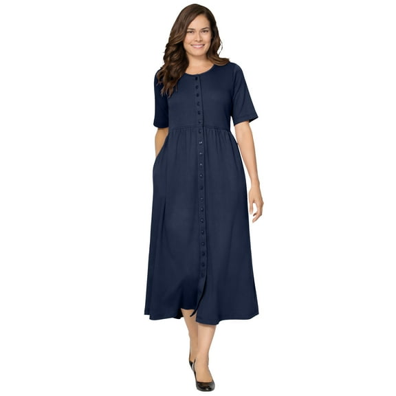 Woman Within Plus Size Short-Sleeve Button-Front Pocket Dress (Petite Available)