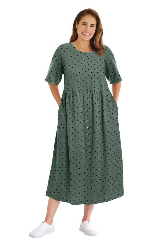 Plus Size Short-Sleeve Button-Front Pocket Dress (Petite Available)