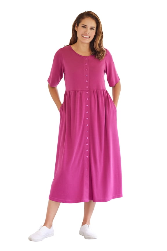 Plus Size Short-Sleeve Button-Front Pocket Dress (Petite Available)