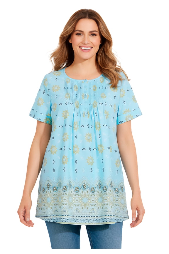 Plus Size Short-Sleeve Pintucked Henley Tunic