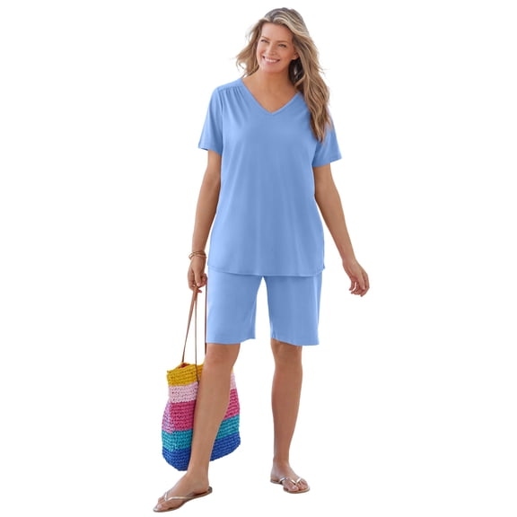 Woman Within Plus Size Short-Sleeve V-Neck Shirred Tee