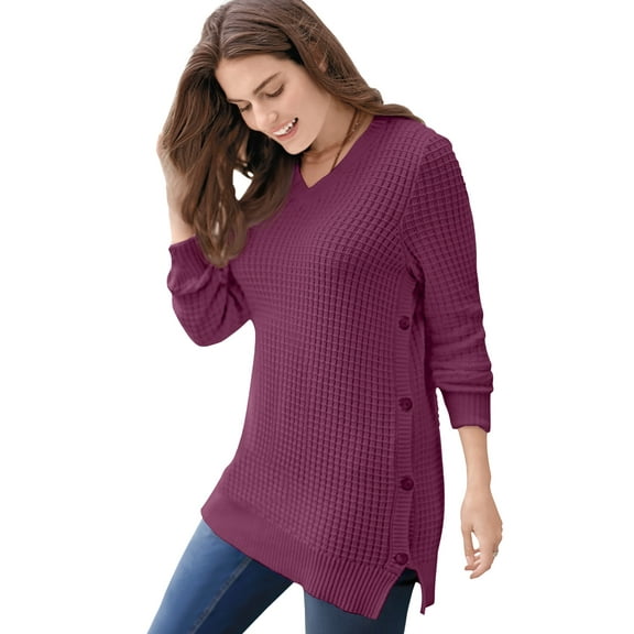 Woman Within Plus Size Side Button V-Neck Waffle Knit Sweater