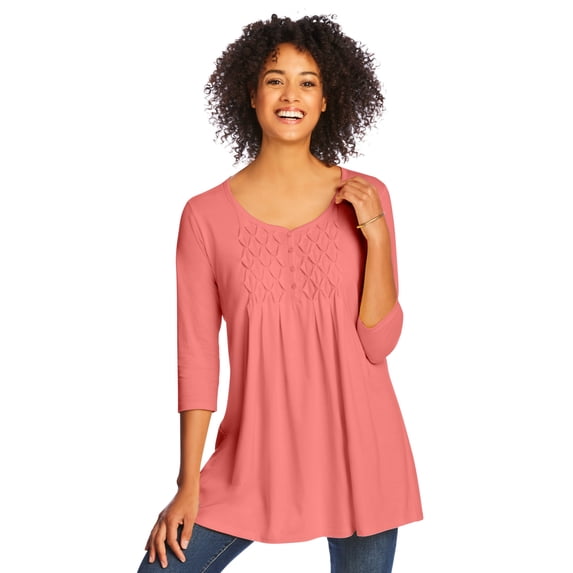 Woman Within Plus Size Smocked Henley Trapeze Tunic