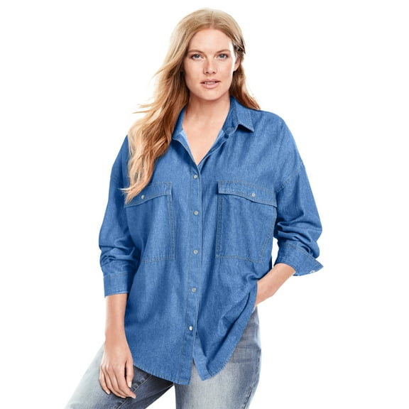 Woman Within Plus Size Snap Front 4-Pocket Denim Big Shirt