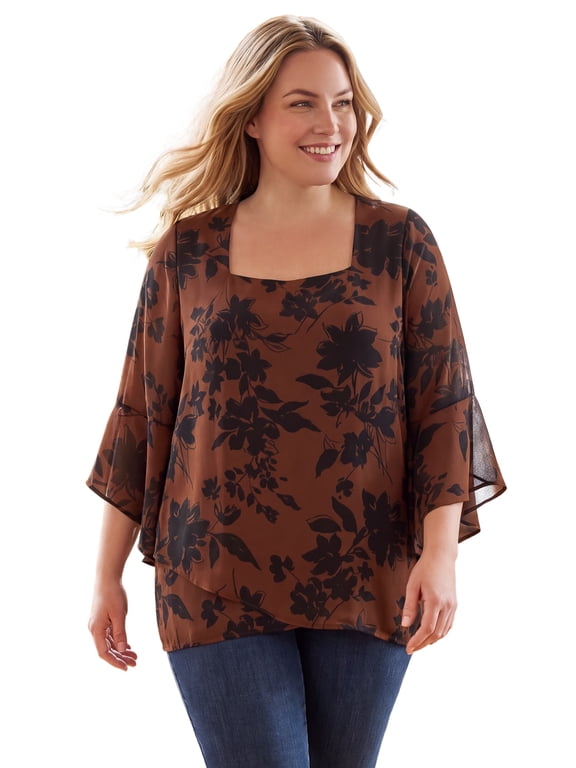 Plus Size Square Neck ¾ Ruffle Sleeve Tulip Hem Tunic