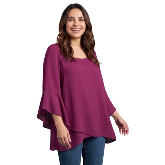 Woman Within Plus Size Square Neck ¾ Ruffle Sleeve Tulip Hem Tunic