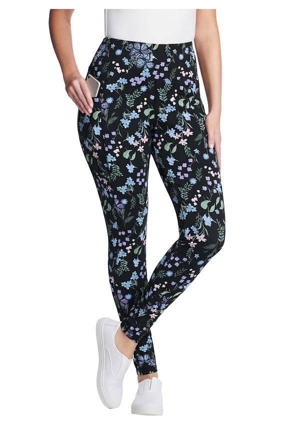 Plus Size Petite Stretch-Cotton Knit Pull-On Printed Pocket Leggings