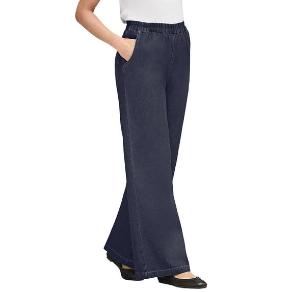 Woman Within Plus Size Tall Perfect Elastic-Waist Wide-Leg All-Cotton Pull-On Denim Jeans