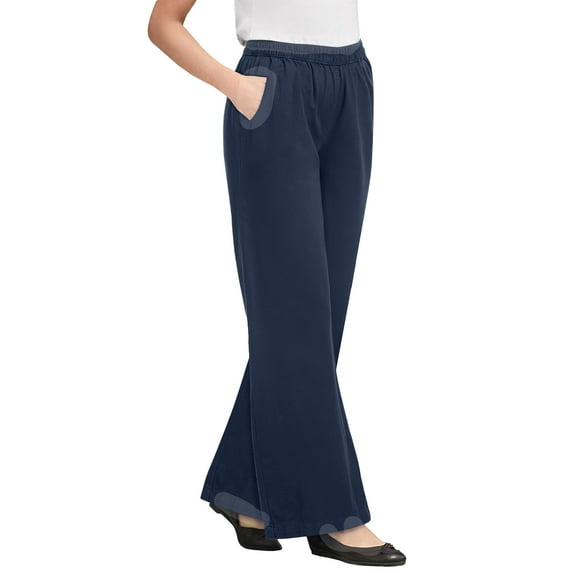 Woman Within Plus Size Tall Perfect Elastic-Waist Wide-Leg All-Cotton Pull-On Denim Jeans