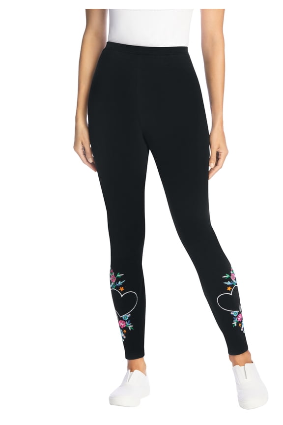 Plus Size Tall Stretch-Cotton Knit Pull-On Embroidered Leggings