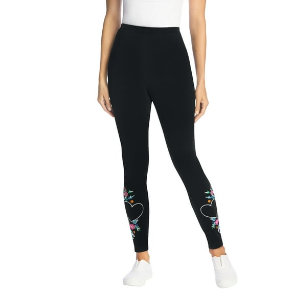 Woman Within Plus Size Tall Stretch-Cotton Knit Pull-On Embroidered Leggings