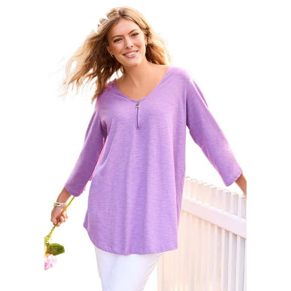 Woman Within Plus Size Three-Quarter Sleeve Zipper Tunic