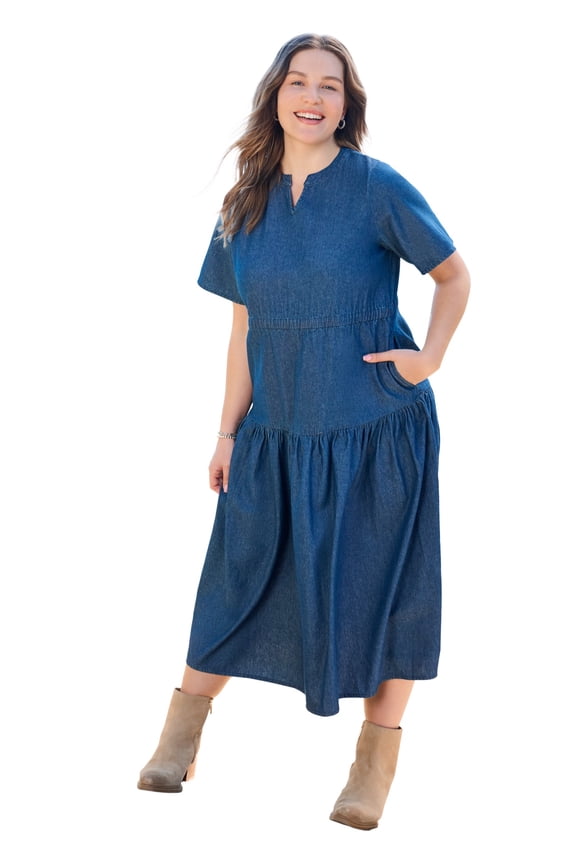Plus Size Tiered Denim Maxi Dress