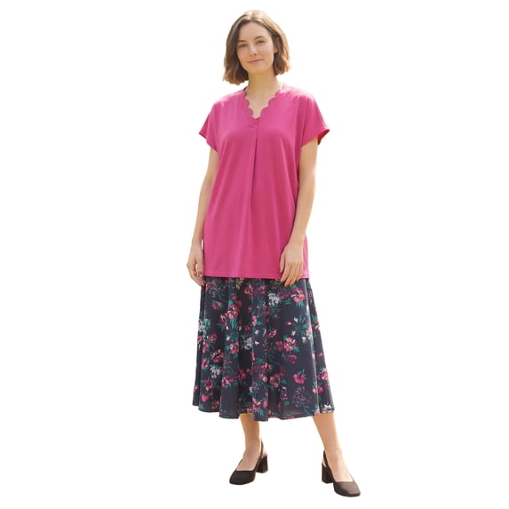 Woman Within Plus Size V-Neck Scallop Trim Longline Knit Tunic Top