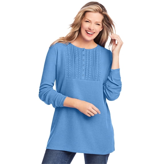 Woman Within Plus Size Waffle Thermal Lace Bib Henley Tee
