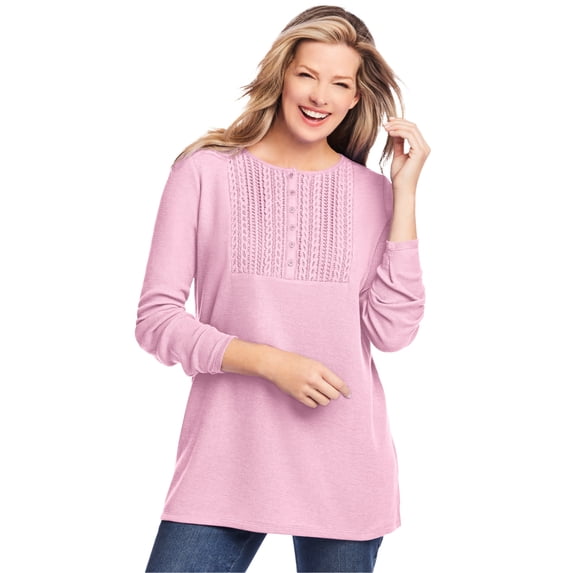 Woman Within Plus Size Waffle Thermal Lace Bib Henley Tee