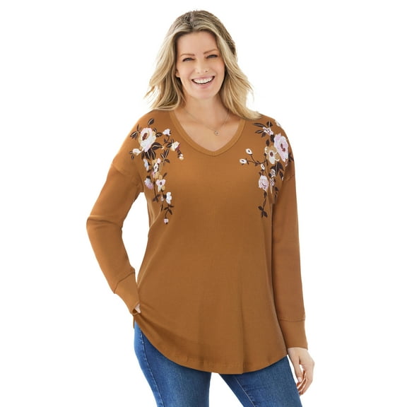 Woman Within Plus Size Waffle Thermal V-Neck Tee