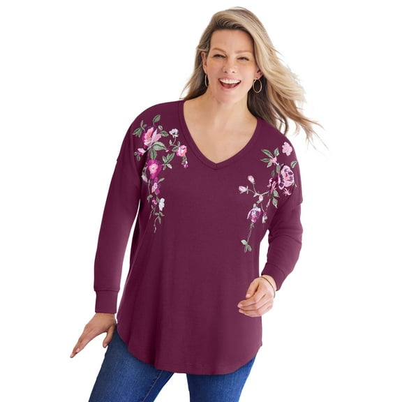 Woman Within Plus Size Waffle Thermal V-Neck Tee