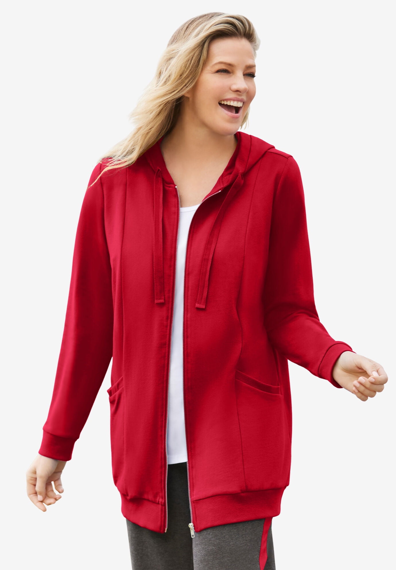 Woman Within Plus Size Zip Front Hoodie Jacket Long Oversized Fleece