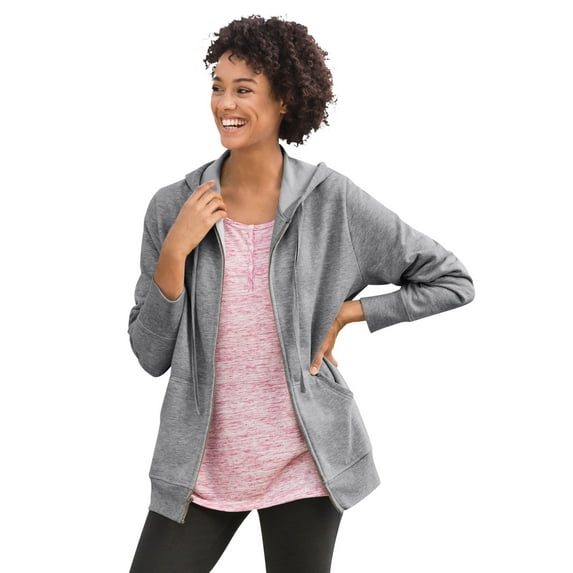 Woman Within Plus Size Zip Front Hoodie Jacket Long Oversized Fleece Jacket