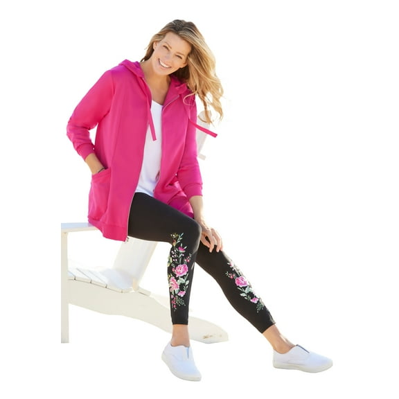 Woman Within Plus Size Zip Front Hoodie Jacket Long Oversized Fleece Jacket